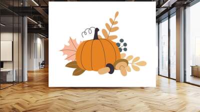 Autumn pumpkins and forest leaves and mushrooms isolated on white background Wall mural