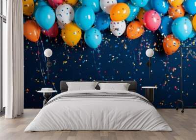 Banner displaying festive balloons and confetti decoration isolated on dark blue background. Wall mural