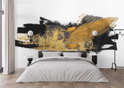 Black Art Watercolor flow blot with gold elements. Abstract texture color stain on white background. Wall mural