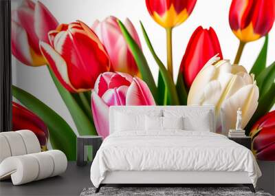 Bouquet of colorful tulips on a white background. Banner card design. Copy place. Wall mural