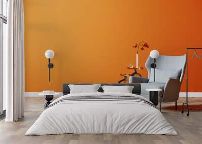 Bright modern interior background mock up with orange wall and gray armchair on wooden floor, bright colour interior background, 3d rendering Wall mural