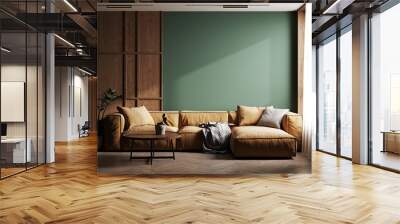 Dark green home interior with brown sofa, table and decor in living room, 3d render Wall mural