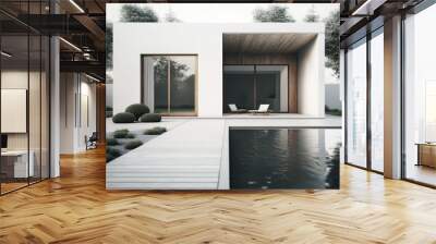 Exterior of a new modern white house with panoramic windows and terrace with swimming pool. Generative AI Wall mural