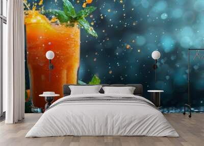 Food photography background - Healthy carrot juice in glass with splashes and carrots vegetables on dark table ()  Wall mural