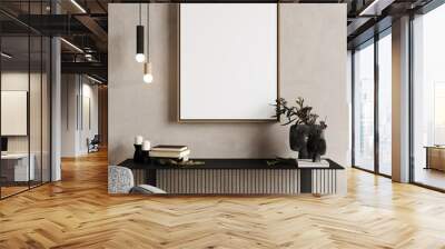 Frame mockup in home interior with decoration, living room in beige warm color with black console, 3d render Wall mural