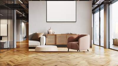 Horizontal frame mockup in Japandi style interior with pink armchair, 3d rendering Wall mural