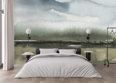 Ink watercolor landscape smoke flow stain blot on wet paper texture background. Wall mural