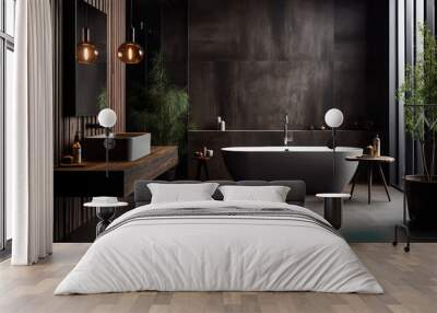 Stylish luxury black bathroom with black stone tile, bathtub, plant, Generative AI Wall mural