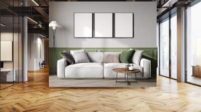 Three blank frames mock up in modern living room interior, minimalist style, 3d rendering Wall mural