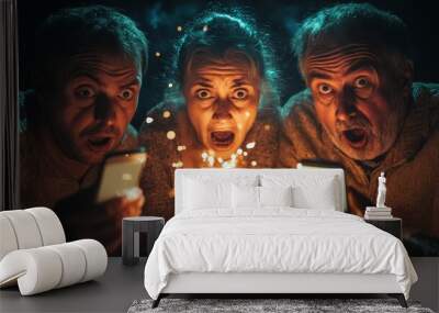 Three people are holding cell phones in front of a lit candle. They are all looking at the phone screen with excitement Wall mural