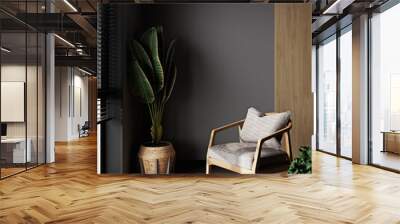 Wall mock up in black simple and minimal interior with wooden furniture and plant, 3d render Wall mural