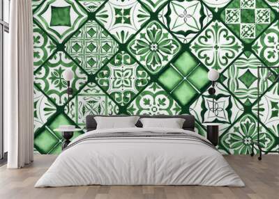 Gorgeous seamless patchwork pattern from dark green and white Wall mural