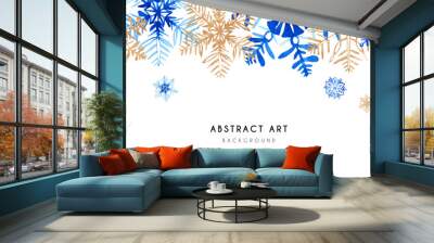 Winter watercolor background with blue and golden snowflakes on white. Wall mural