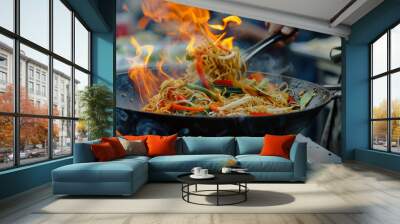 street food wok pan with noodles Wall mural