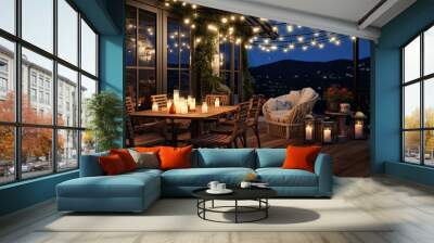 a balcony adorned with string lights and flickering candles, casting a warm and inviting glow into the night. Wall mural