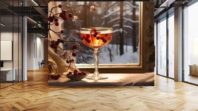 a beautifully crafted cocktail in a glass placed on a rustic windowsill. The soft glow of indoor lighting contrasts with the serene winter landscape outside the window. Wall mural