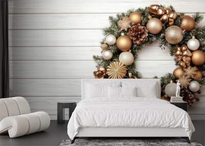 A beautifully detailed Christmas wreath featuring golden bells hangs on a white door within a minimalistic beige room, enhancing the festive spirit Wall mural