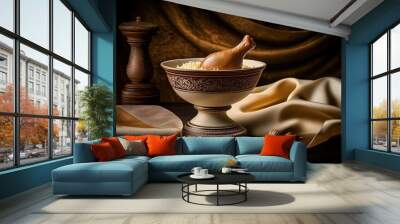 A beautifully presented dish of Arabic biryani rice featuring chicken sits in an ornate bowl, enhanced by spices, rich fabrics, and a dark, inviting background Wall mural