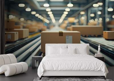 a cardboard box packages warehouse fulfillment center, with products stored and ready for distribution on a conveyor system, preparing their products for delivery to customers. Wall mural