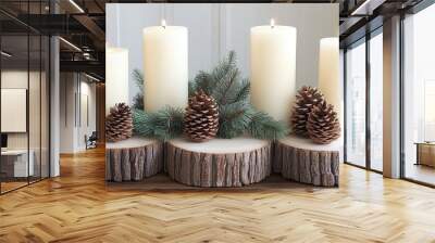 A charming rustic candle centerpiece featuring two lit candles surrounded by pine cones and greenery, perfect for a cozy Christmas table setting Wall mural