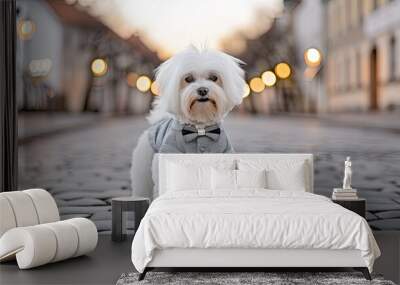 A cheerful dog wearing a stylish blue shirt and brown bow tie walks along a sunny pathway, showcasing its playful spirit in a lush green environment Wall mural