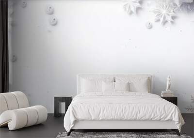 a Christmas or New Year banner set against a snowy white background. The banner is elegantly framed by matching white Christmas decorations, creating a serene winter wonderland ambiance. Wall mural