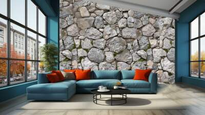 A close-up image of a grey stone wall with moss growing between the stones SEAMLESS PATTERN Wall mural