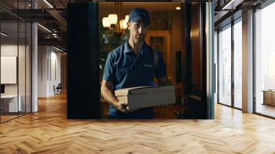 A close-up of a male courier's hands carefully holding a paper container filled with delicious takeaway food. This image highlights the convenience and quality of modern food delivery services. Wall mural