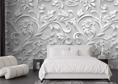 A close-up of a white, 3D floral pattern with swirling vines and intricate details SEAMLESS PATTERN Wall mural