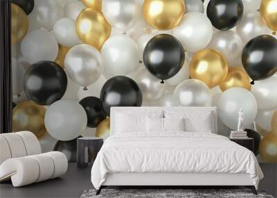 A collection of shiny black, white, and silver balloons is being held up against a light background, ideal for celebratory events like birthdays or weddings Wall mural