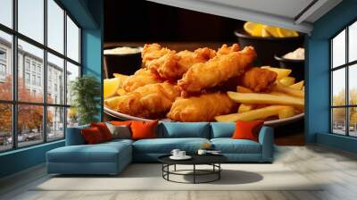 A delicious plate of two golden battered fish fillets served with crispy french fries on a rustic wooden background, creating a mouthwatering meal. Wall mural