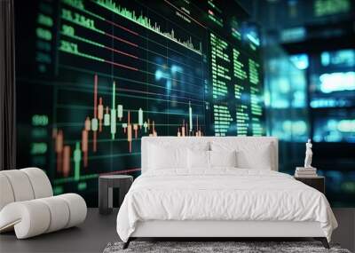 A detailed LED display showing financial data with daily market prices, price quote charts, and candle tracking, illustrating the complexity of modern trading. Wall mural