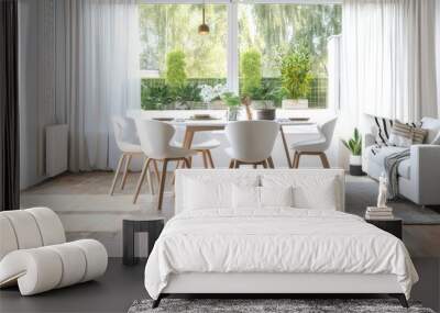 a dining room featuring a white table, chairs, and sofa set against a panoramic window backdrop on a wooden floor, exuding sophistication and style. Wall mural