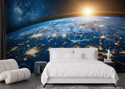 a distant planet glowing in blue hues, with city lights shimmering near its surface against the dark backdrop of space. Wall mural