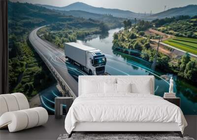 a futuristic truck traversing a road over a river, enveloped by blue sound waves, with a lush green forest in the background, creating a visually captivating and technologically advanced scene. Wall mural