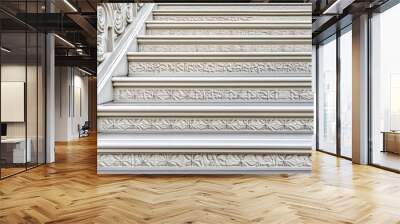 A grand staircase invites admiration, featuring a detailed iron handrail and beautifully carved steps, surrounded by stunning white marble walls Wall mural