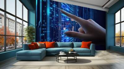 A hand reaches out to a digital display, activating AI technology to connect with virtual people icons, illustrating modern communication in business Wall mural