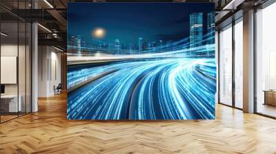 A highway illuminated by glowing lines represents data flow as vehicles travel through a smart city, demonstrating the integration of technology and transportation Wall mural