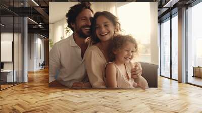 a loving young man hugs his wife and their precious daughter on the sofa. Their smiles and the warmth in their eyes create a perfect family portrait, embodying the essence of love and connection. Wall mural