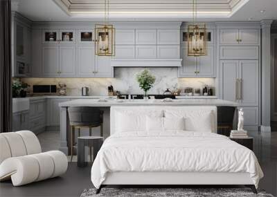 A luxurious kitchen with a large island, gold faucet and sputnik chandelier, stainless steel appliances, and white marble countertops. Created with Generative AI technology. Wall mural