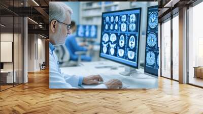 A male doctor in his mid-50s carefully reviews vibrant brain scans displayed on computer screens while surrounded by advanced medical technology and monitors Wall mural