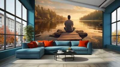 a man sitting at the end of a weathered wooden pier, his feet dangling above the tranquil lake's surface, as he gazes thoughtfully into the distance. Wall mural