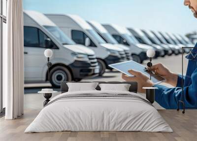 A manager examines a tablet, checking fleet details of white delivery vans parked neatly in a commercial lot under clear blue skies Wall mural