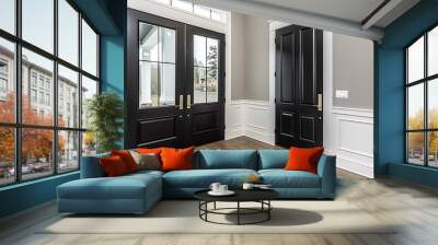 a modern farmhouse interior design house, adorned with single panel black interior doors, accented b Wall mural