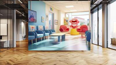 a modern hospital's children's reception area, adorned with adorable toys resting on chairs, exuding comfort and reassurance. Wall mural