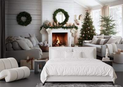 A modern living room designed in neutral colors, showcasing a decorated Christmas tree beside a cozy fireplace for the festive season Wall mural