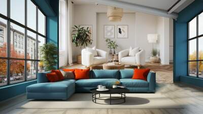 A modern living room interior design with white armchairs and a wicker coffee table Wall mural