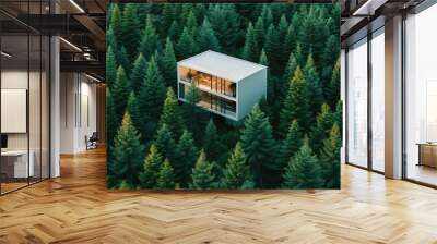 a modern white building nestled amidst a serene coniferous forest. Wall mural