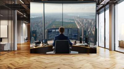 A Shiba Inu wearing a blue hoodie focuses on its computer, surrounded by office papers, while enjoying a stunning view of New York City from the window Wall mural