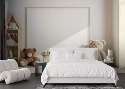 A simple, clean mock-up of a large wooden frame against a beige wall with three plush bears and wooden toys Wall mural